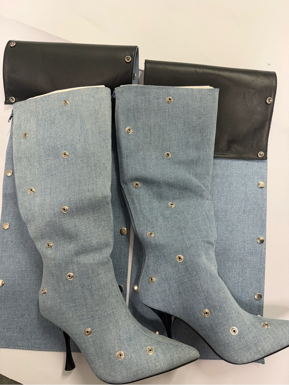 Light Denim Grommet Knee-High Boots with Black Cuff